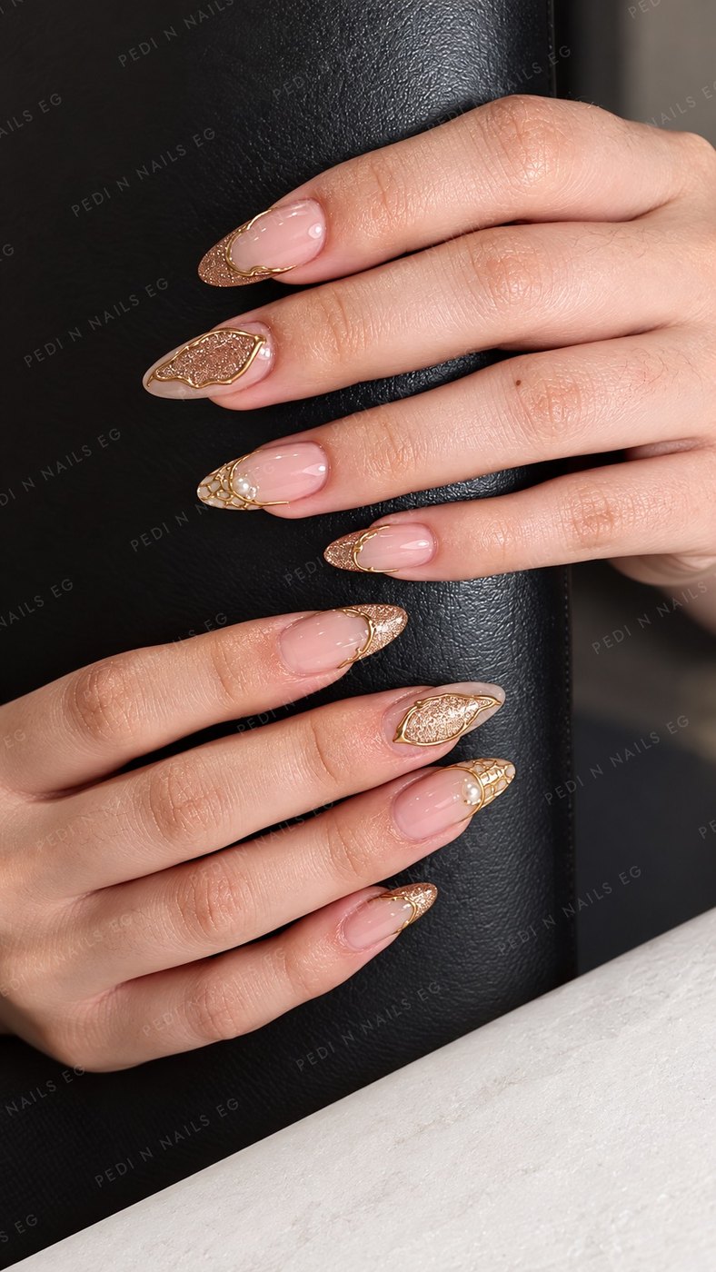 Nude almond nails with rose-gold glitter tips, gold line art and pearls