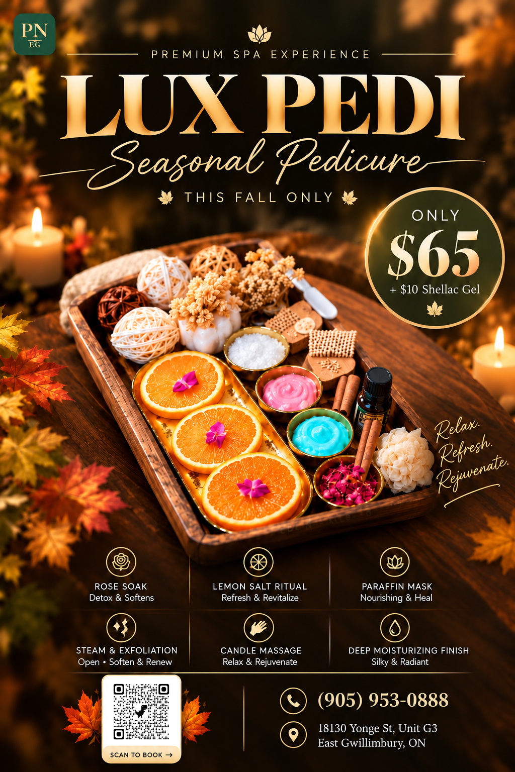 Lux Pedi seasonal pedicure, this fall only. Only $65 (+$10 Shellac Gel) at Pedi N Nails East Gwillimbury. Book now.